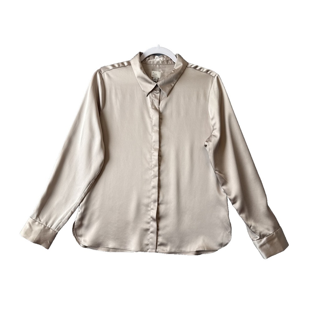 A New Day Champagne Satin Button Down Shirt Blouse M Minimalist Quiet Luxury
